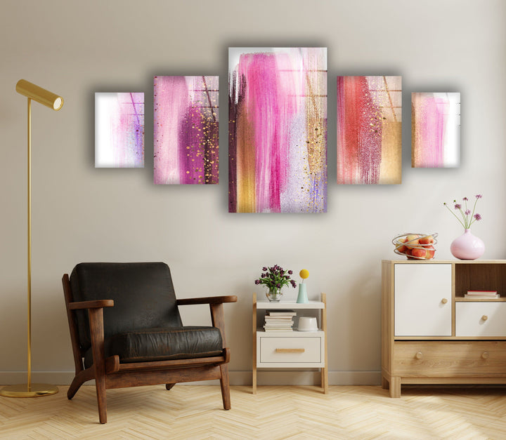 Pink, Gold Brush Strokes Glass Wall Art, custom glass pictures, glass art prints