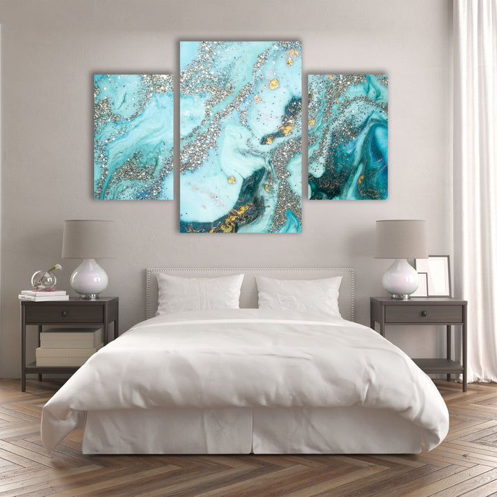 Turquoise & Silver Shimmer Marble Glass Wall Art, glass art painting, glass art for the Wall