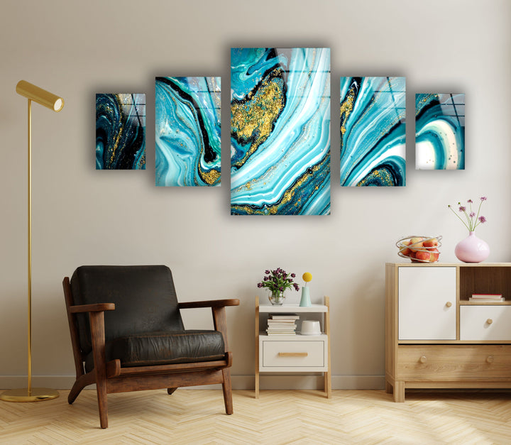 Cyan Blue, Gold Alcohol Ink Glass Wall Art, glass photo prints, glass picture prints