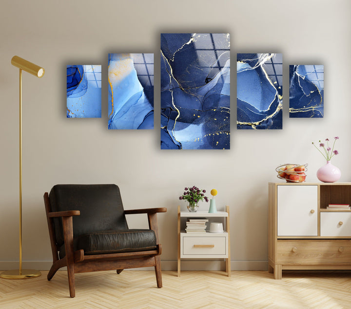 Navy Blue and Gold Alcohol Ink Glass Wall Art, art glass wall art, glass wall art pictures