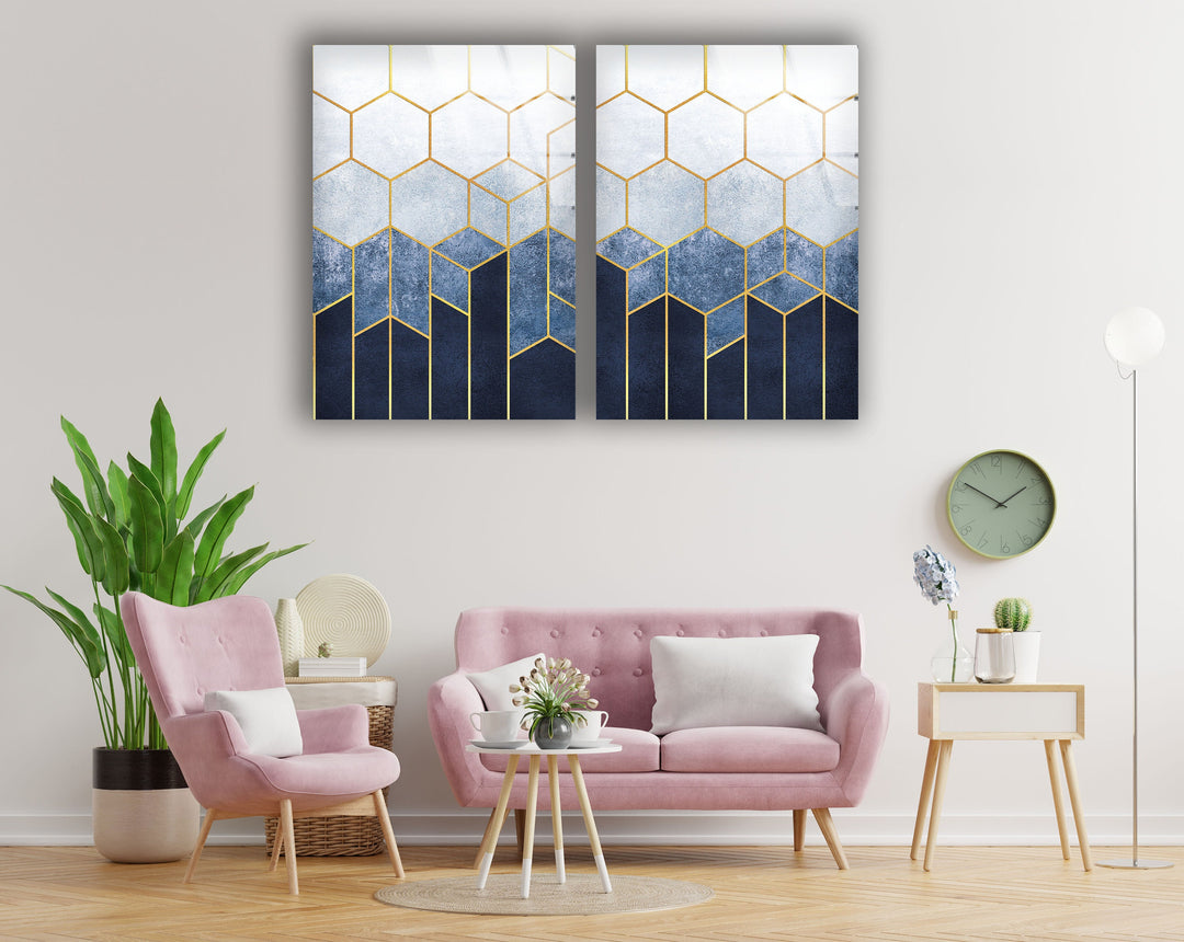 Blue Abstract Hexagon Design Glass Wall Art, custom glass photo prints, large glass prints