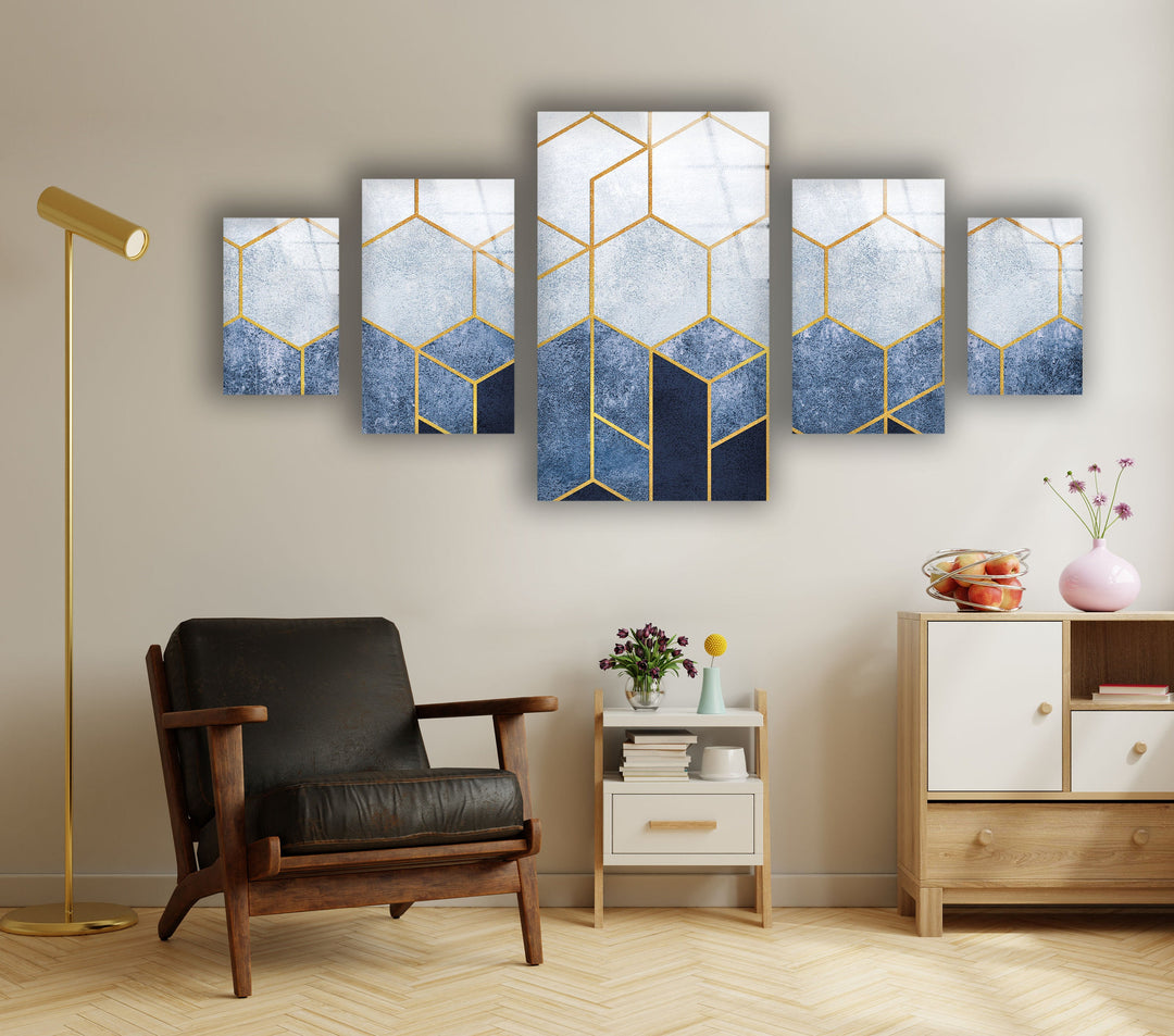 Blue Abstract Hexagon Design Glass Wall Art, print picture on glass, Tempered Glass Wall Art