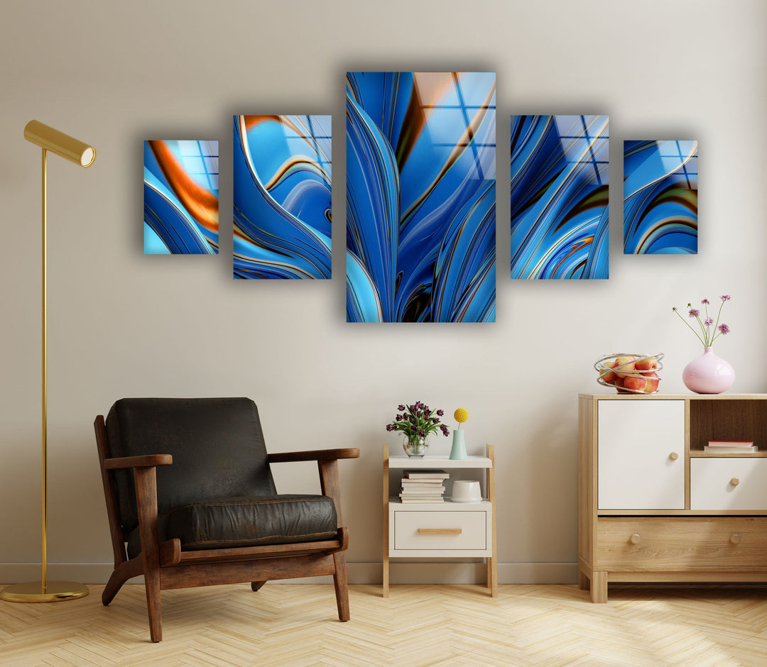 Blue, Orange Fractal Lines Abstract Glass Wall Art, picture on glass wall art, photos printed on glass