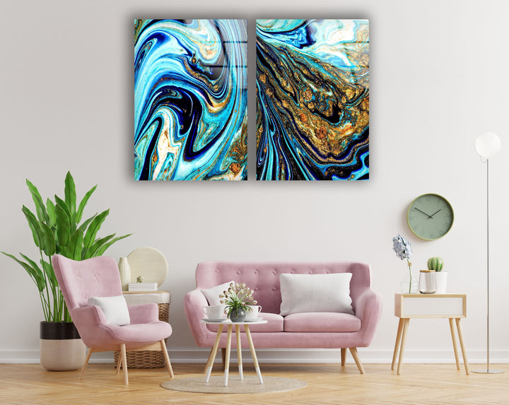 Blue With Gold Shimmer Marbling Abstract Glass Wall Art, custom glass photo prints, large glass prints