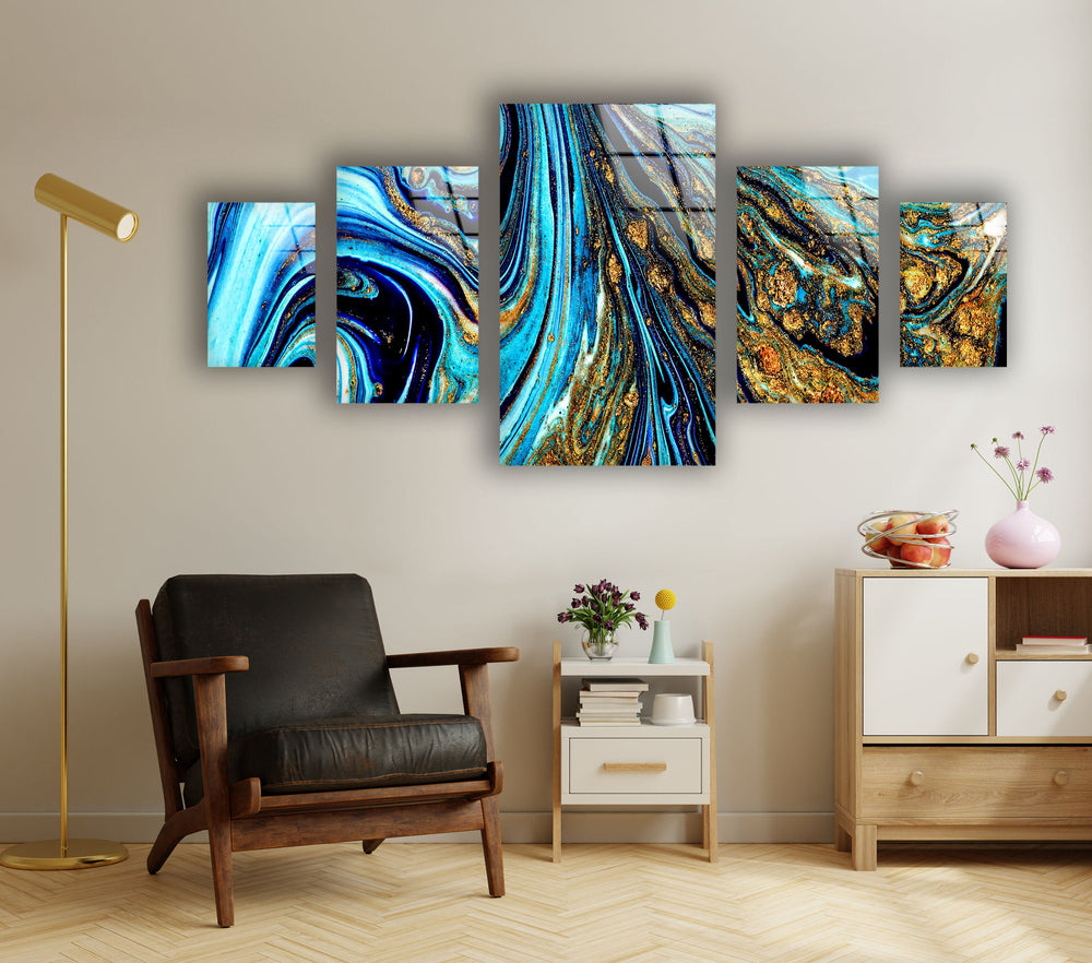 Blue With Gold Shimmer Marbling Abstract Glass Wall Art, photo print on glass, prints on glass wall art