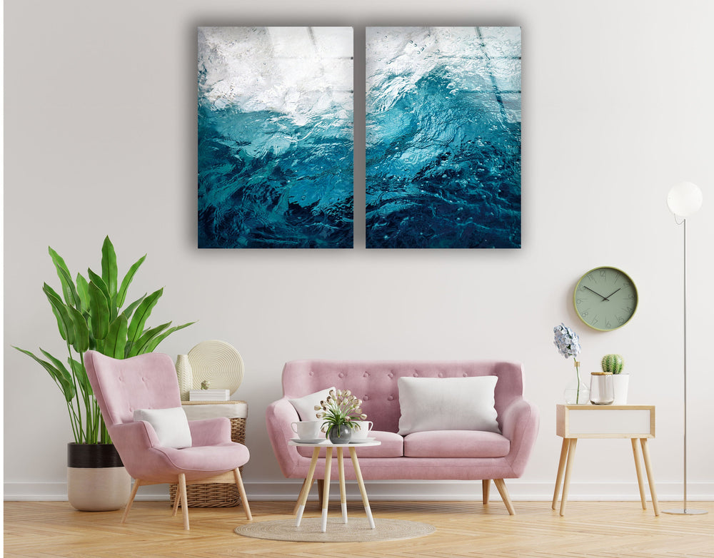 Blue Sea Waves Abstract Glass Wall Art, print picture on glass, Tempered Glass Wall Art