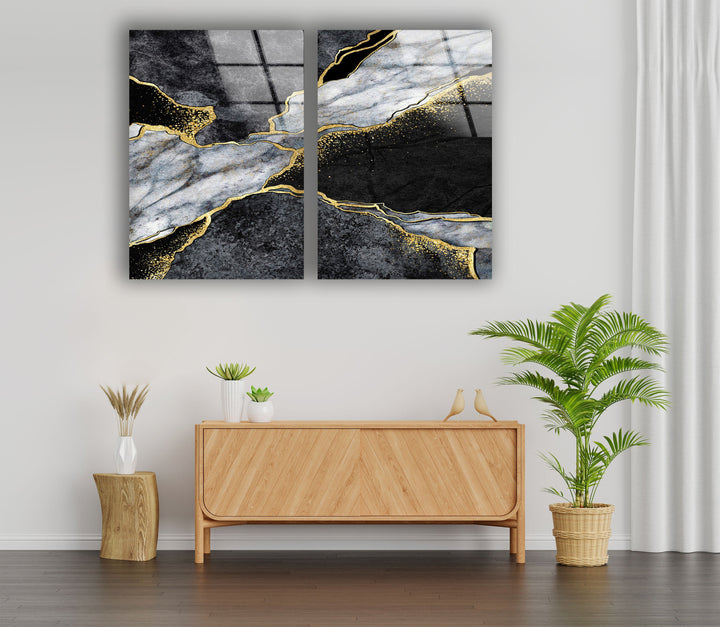 Grey, Gold and Black Marble Abstract Glass Wall Art, custom glass photo prints, large glass prints