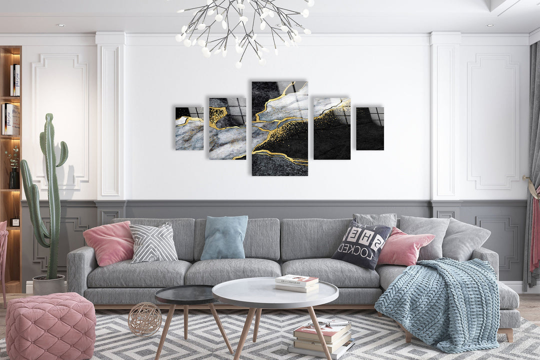 Grey, Gold and Black Marble Abstract Glass Wall Art, print on glass, glass printed photos