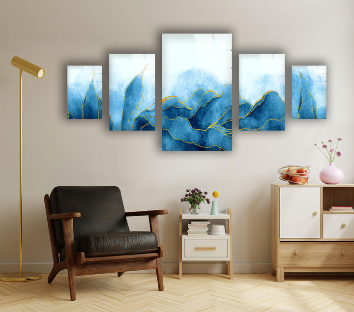 Gold Veined Blue Marble Glass Wall Art, print on glass, glass printed photos