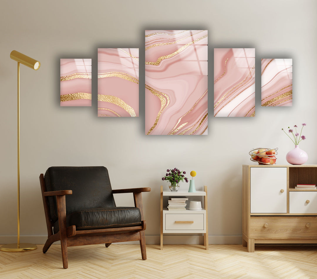 Pink & Golden Marble Abstract Glass Wall Art, glass image printing, glass prints from photos