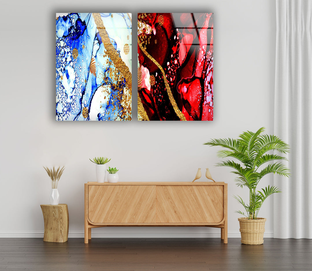 Red, Blue Alcohol Ink Abstract Glass Wall Art, glass pictures for Wall, glass prints wall art