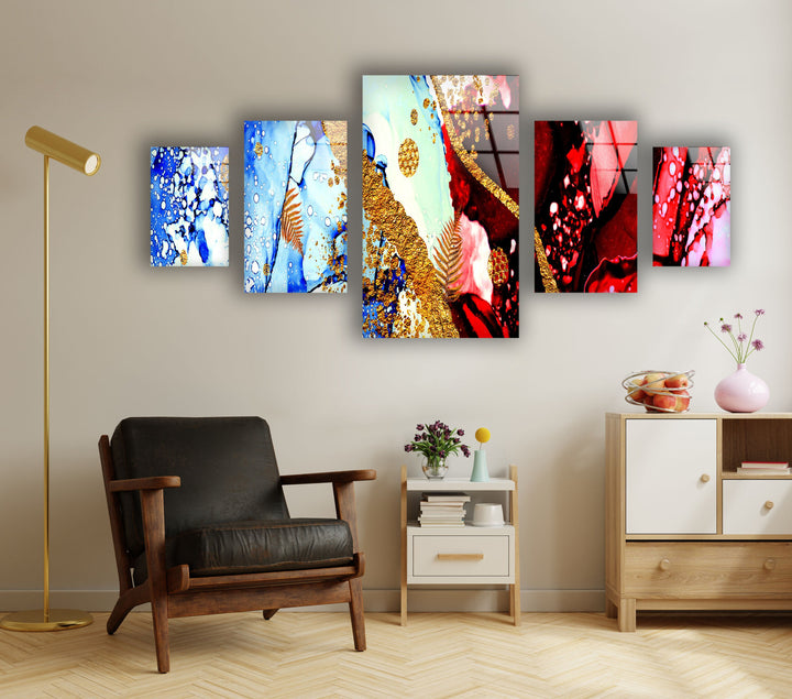 Red, Blue Alcohol Ink Abstract Glass Wall Art, large glass photo prints, glass wall photos