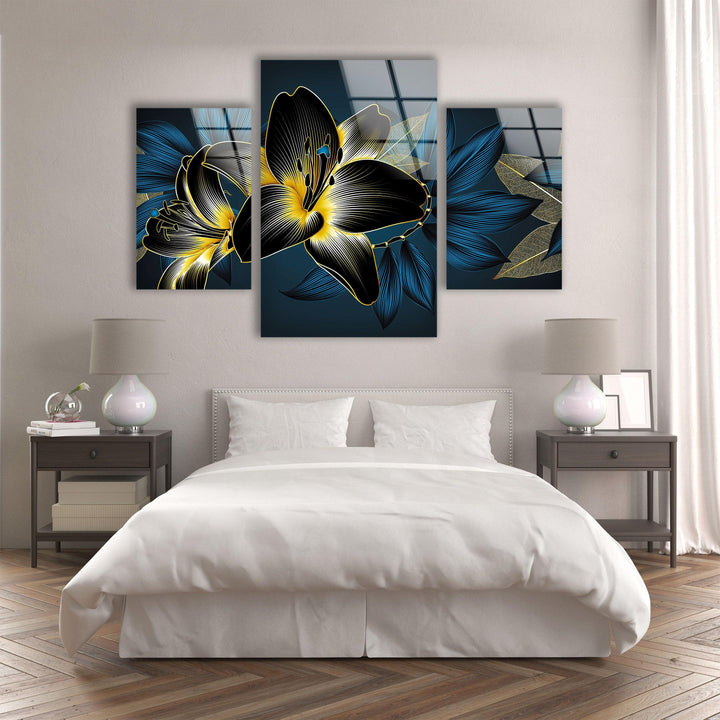 Blue, Gold Flower Abstract Glass Wall Art, print picture on glass, Tempered Glass Wall Art