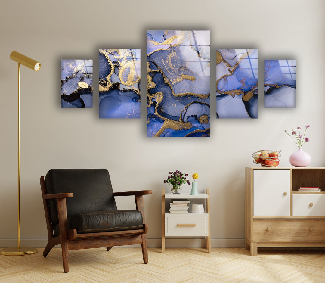 Blue & Gold Marble Abstract Glass Wall Art, picture on glass wall art, photos printed on glass