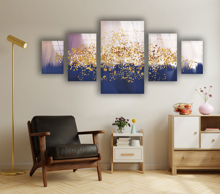 Gold Sparkles Blue Oil Painting Glass Wall Art, glass wall decor, glass wall art decor