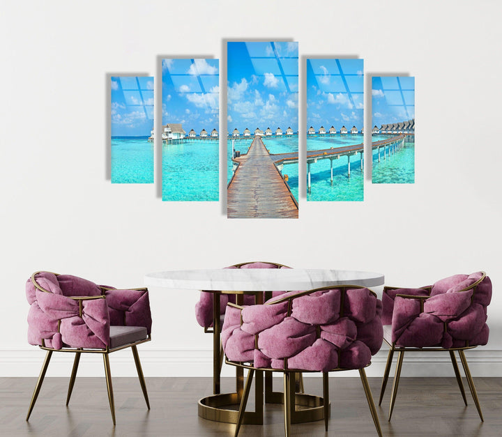 Bungalows Maldives Island Landscape Glass Wall Art, custom glass photo prints, large glass prints