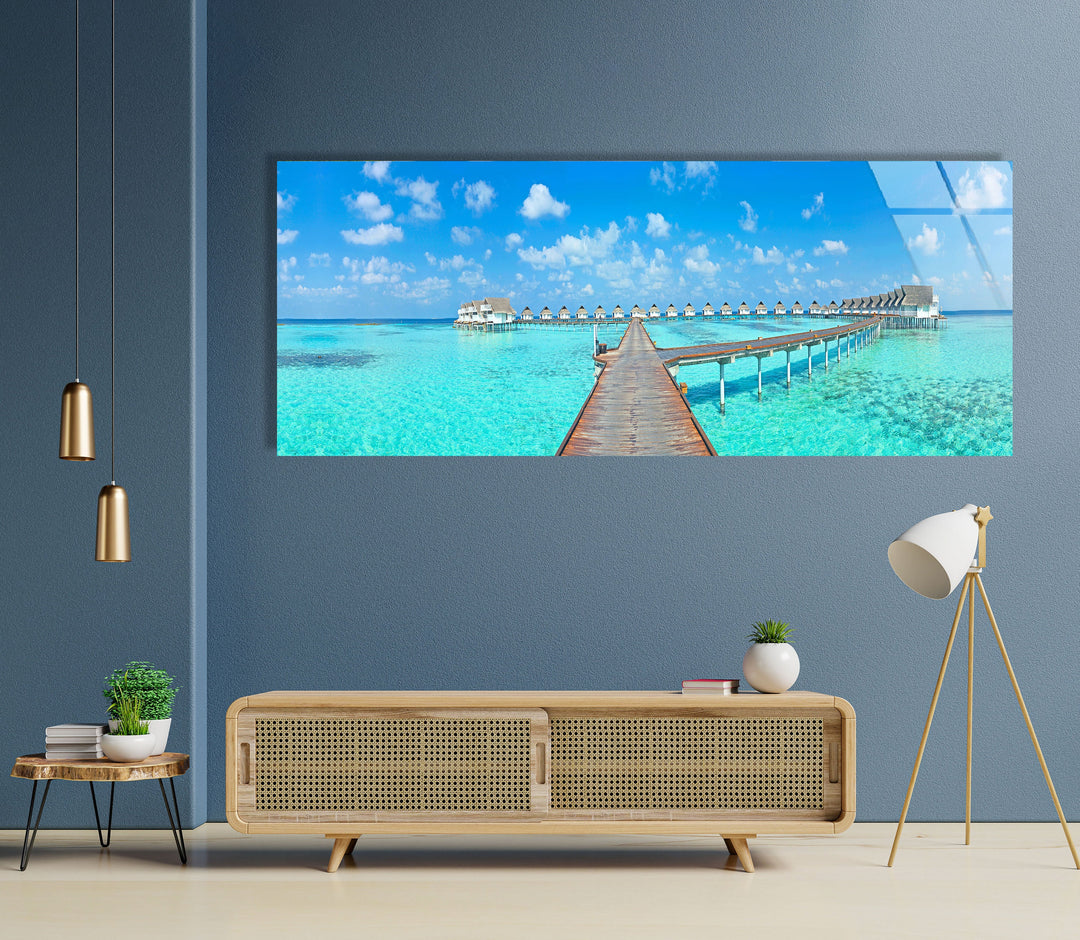 Bungalows Maldives Island Landscape Glass Wall Art, large glass photo prints, glass wall photos