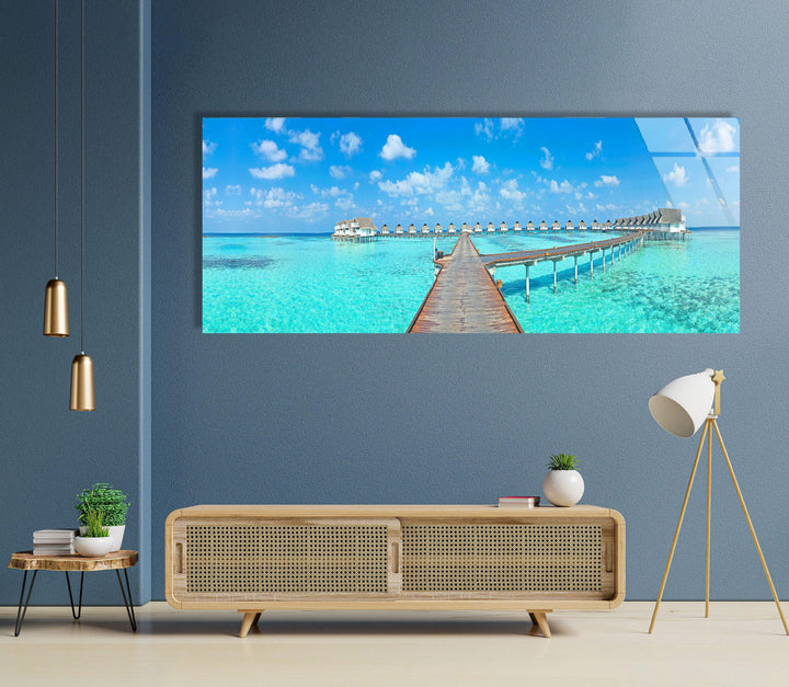 Bungalows Maldives Island Landscape Glass Wall Art, large glass photo prints, glass wall photos