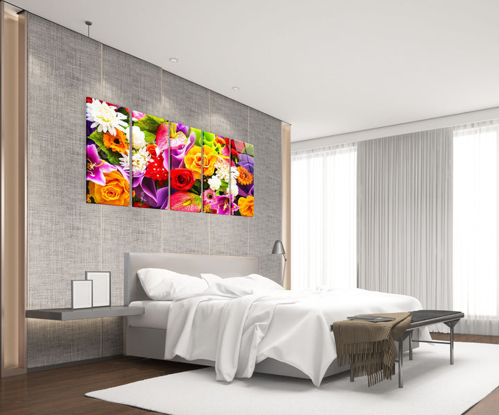 Colorful Roses & Daisies Flower Bunch Glass Wall Art, art glass wall art, glass wall art pictures