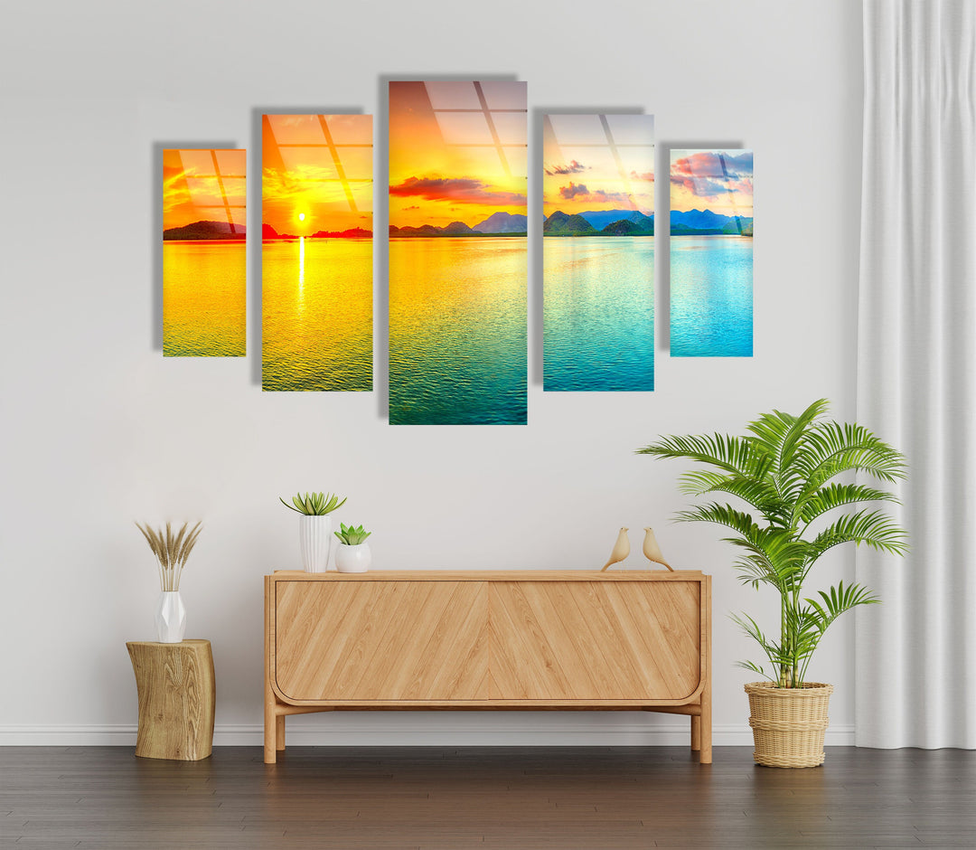 Yellow & Blue Sunset Seascape Glass Wall Art, glass image printing, glass prints from photos