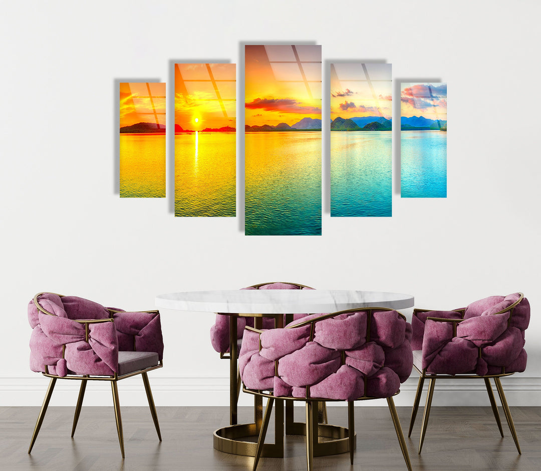 Yellow & Blue Sunset Seascape Glass Wall Art, photo print on glass, prints on glass wall art