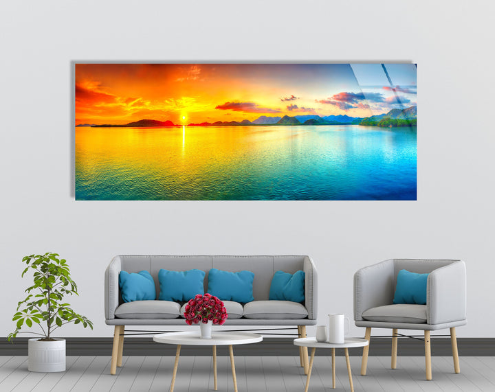 Yellow & Blue Sunset Seascape Glass Wall Art, glass pictures for Wall, glass prints wall art