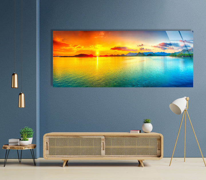 Yellow & Blue Sunset Seascape Glass Wall Art, picture on glass wall art, photos printed on glass