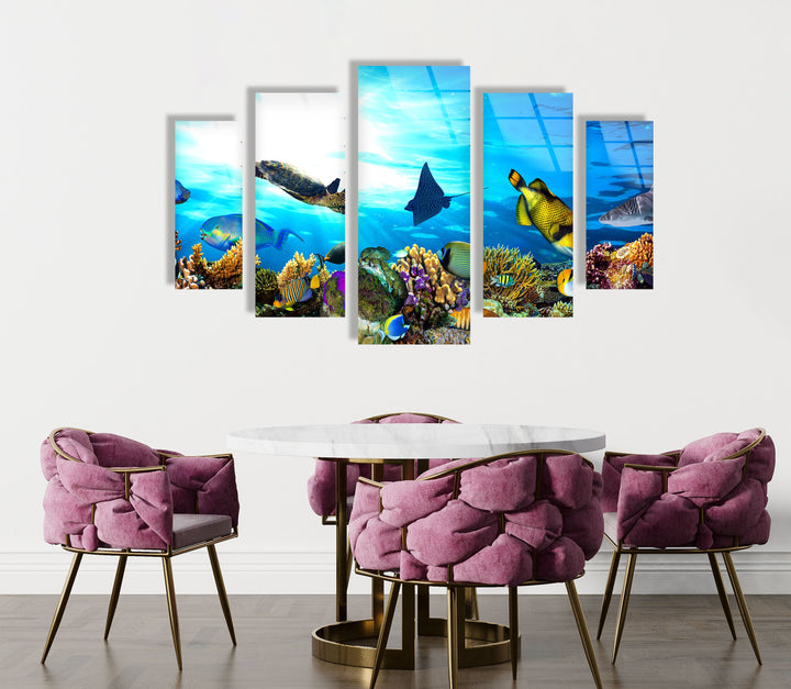 Ocean Life Turtles & Fishes Glass Wall Art, picture on glass wall art, photos printed on glass