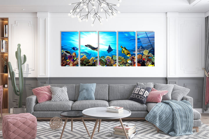 Ocean Life Turtles & Fishes Glass Wall Art, glass pictures for Wall, glass prints wall art