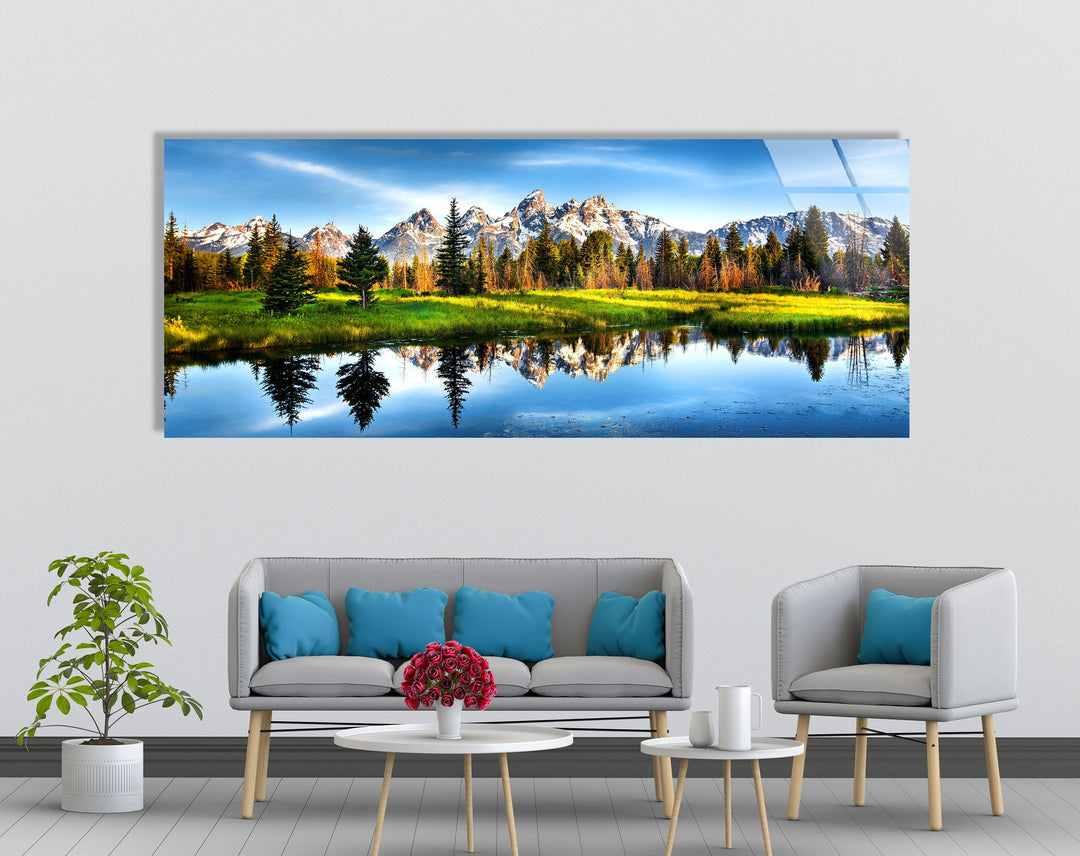 Lake, Trees and Mountain Nature Landscape Glass Wall Art, photo print on glass, prints on glass wall art