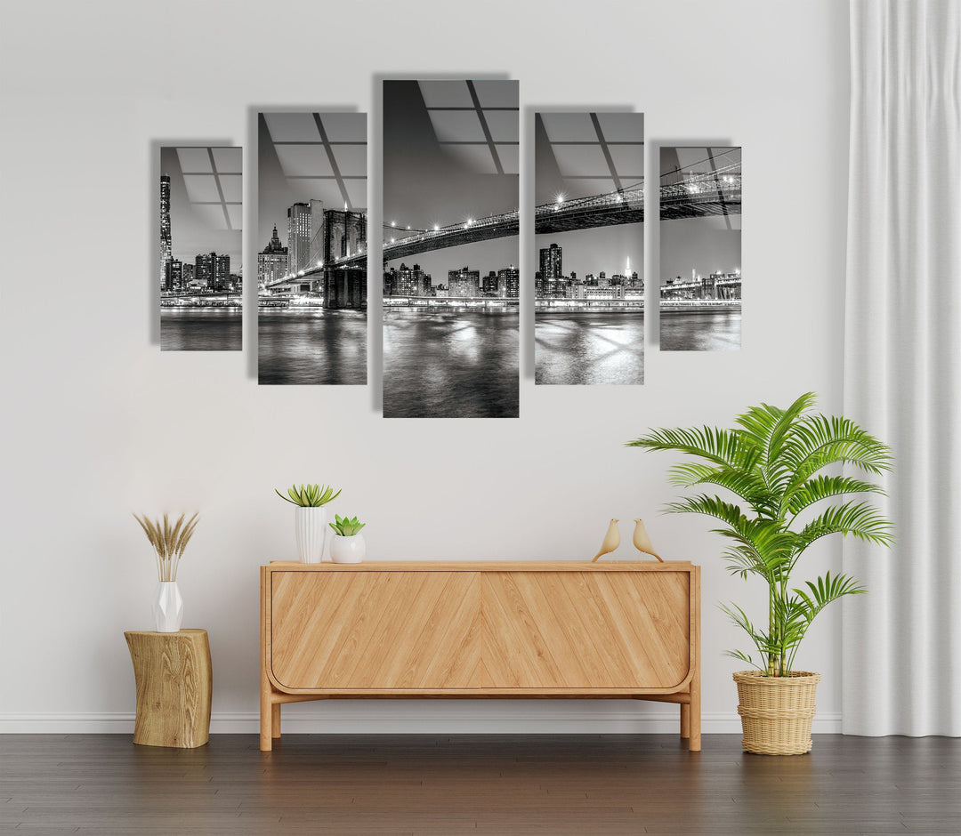 Black & White NYC Bridge Landscape Glass Wall Art, photo print on glass, prints on glass wall art