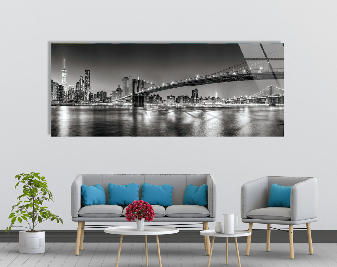 Black & White NYC Bridge Landscape Glass Wall Art, custom glass pictures, glass art prints