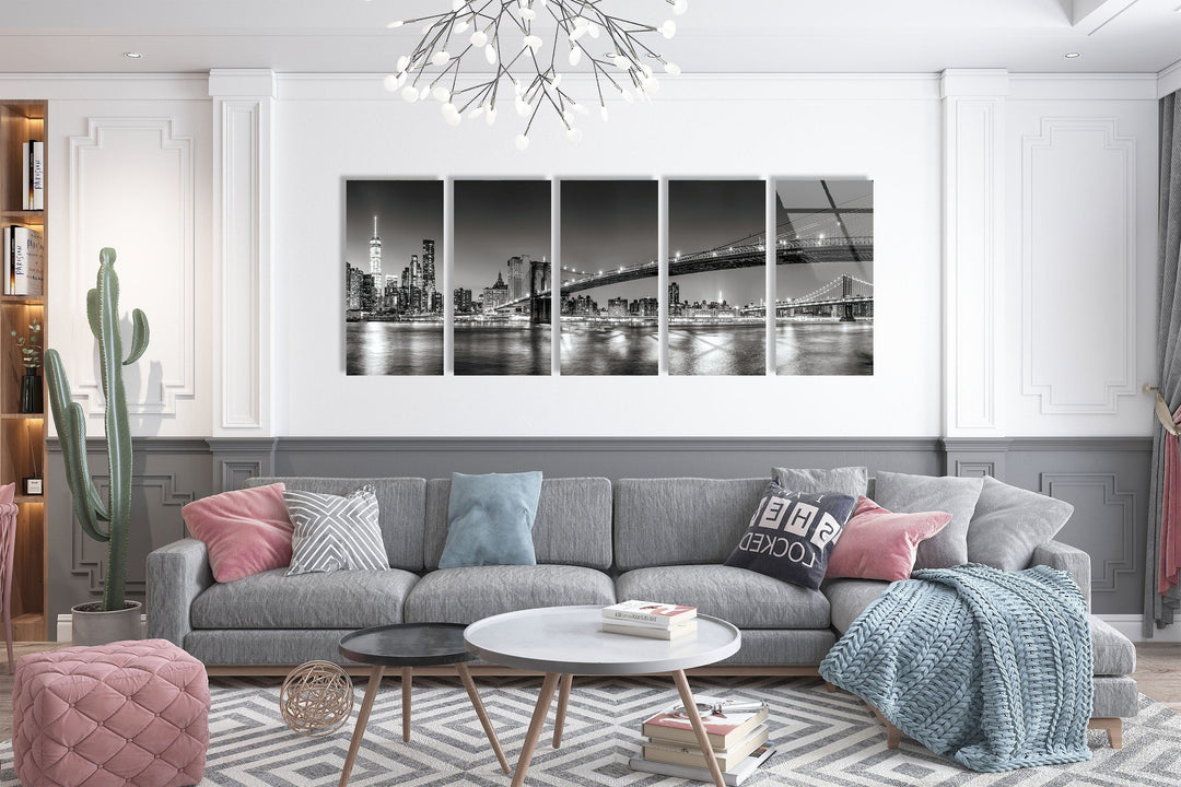 Black & White NYC Bridge Landscape Glass Wall Art, art glass wall art, glass wall art pictures