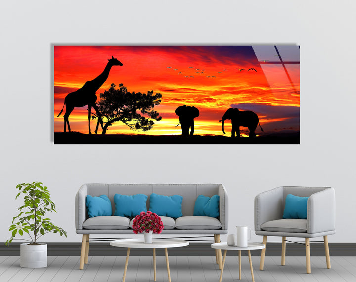 Giraffe & Elephants At Sunset Glass Wall Art, Glass Printing Wall Art, Print photos on glass