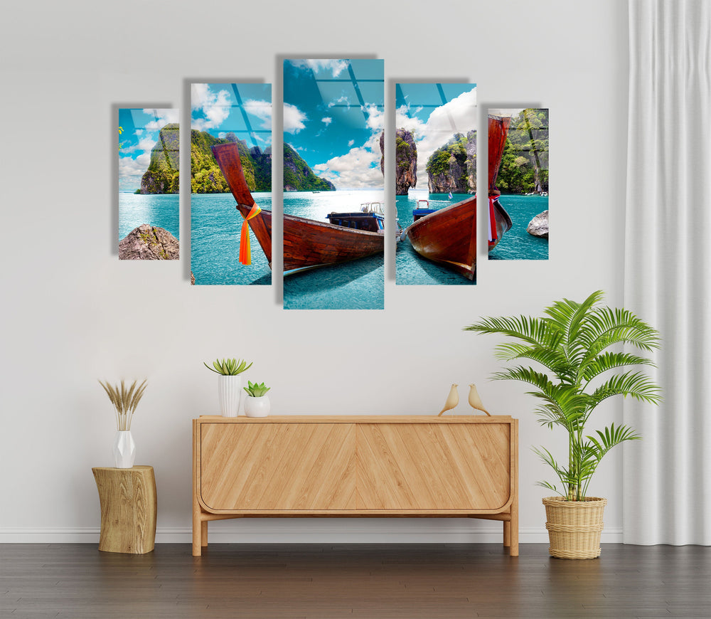 Phuket Island Boats Seascape Glass Wall Art, custom glass pictures, glass art prints