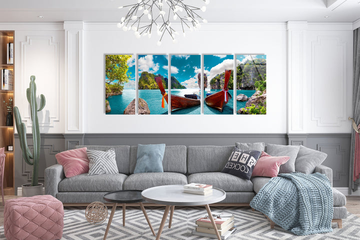 Phuket Island Boats Seascape Glass Wall Art, large glass photo prints, glass wall photos