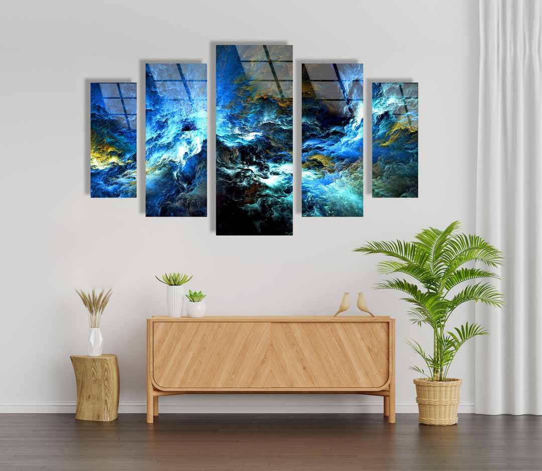 Cosmic Blue Storm Abstract Glass Wall Art, custom glass pictures, glass art prints