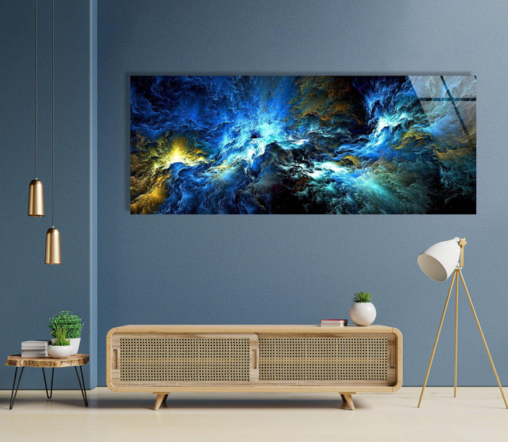 Cosmic Blue Storm Abstract Glass Wall Art, custom glass photo prints, large glass prints