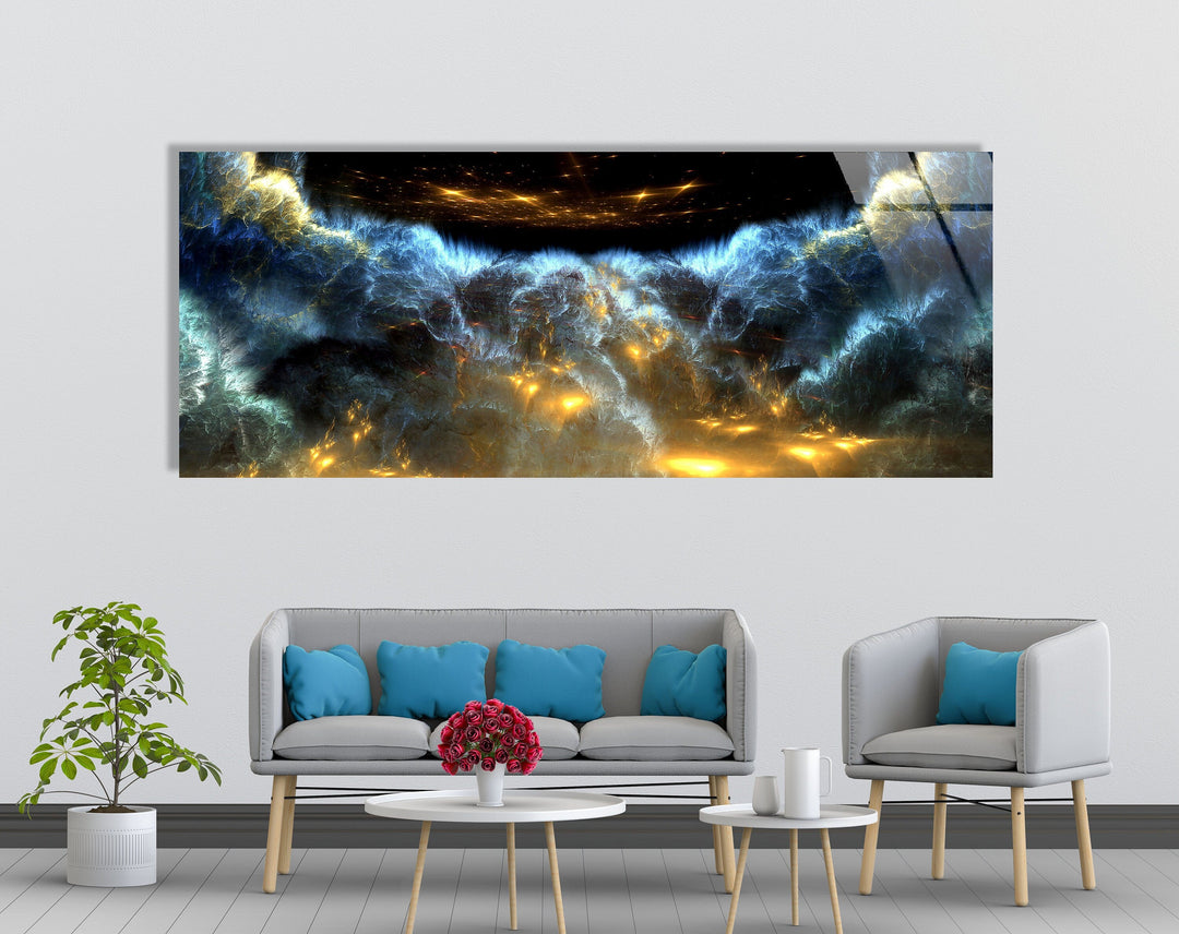 Yellow, Blue Space Clouds Abstract Glass Wall Art, print picture on glass, Tempered Glass Wall Art