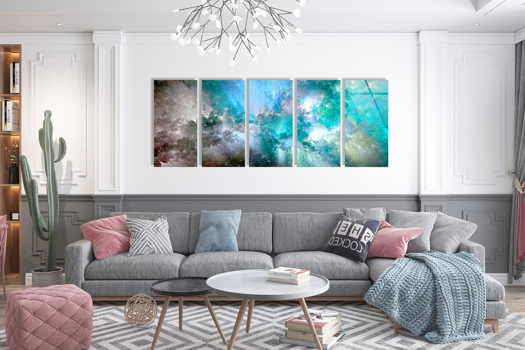 Cyan Blue, White Cloud Abstract Glass Wall Art, custom glass photo prints, large glass prints