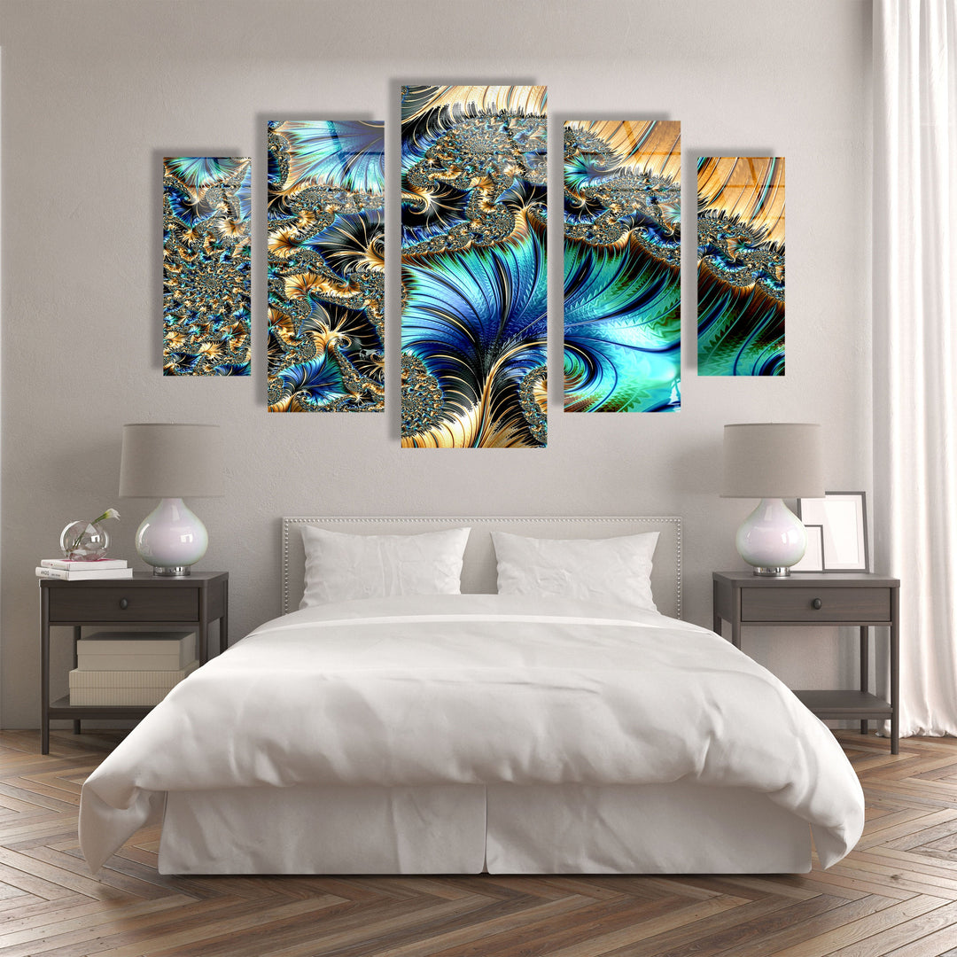 Blue, Golden Fractal Abstract Glass Wall Art, picture on glass wall art, photos printed on glass