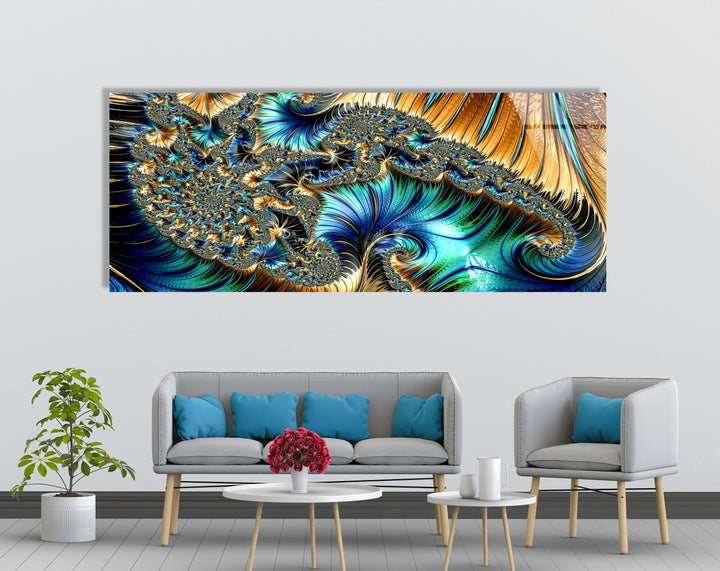 Blue, Golden Fractal Abstract Glass Wall Art, print on glass, glass printed photos