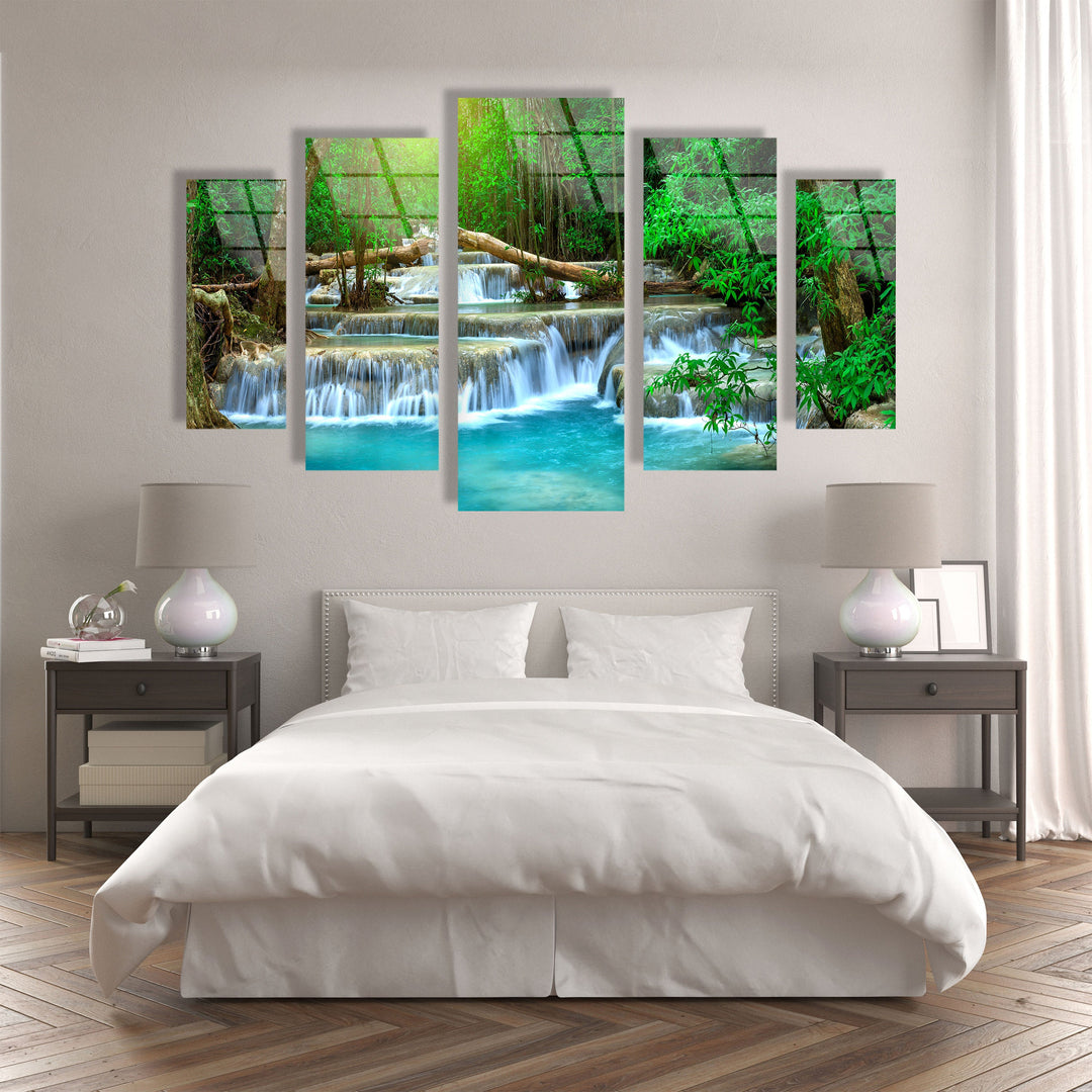 Thailand Turquoise Waterfall Landscape Glass Wall Art, glass wall decor, glass wall art decor