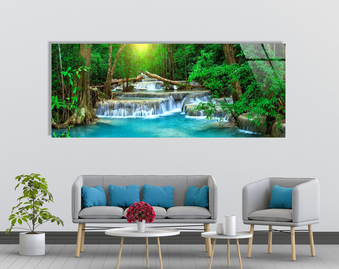 Thailand Turquoise Waterfall Landscape Glass Wall Art, art glass wall art, glass wall art pictures