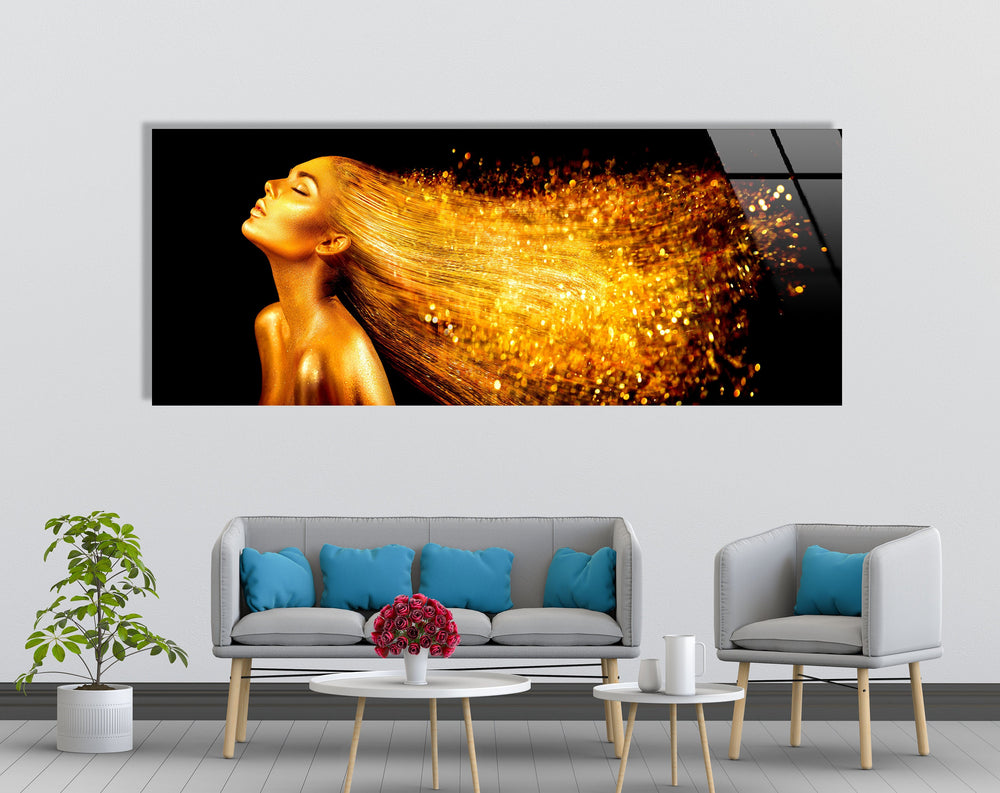 Gold Woman With Golden Hair Glass Wall Art, picture on glass wall art, photos printed on glass