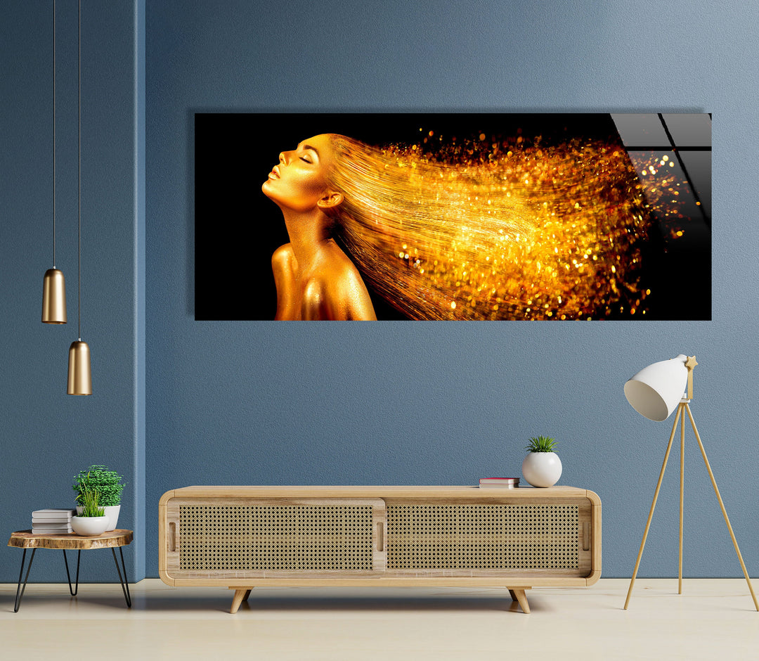 Gold Woman With Golden Hair Glass Wall Art, Glass Printing Wall Art, Print photos on glass