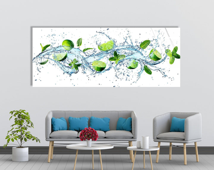 Fresh Limes With Water Splash Glass Wall Art, photo print on glass, prints on glass wall art