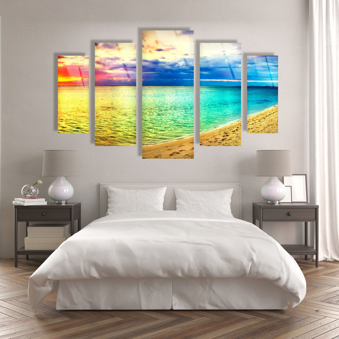 Colorful Sunset, Beach Landscape Glass Wall Art, custom glass pictures, glass art prints