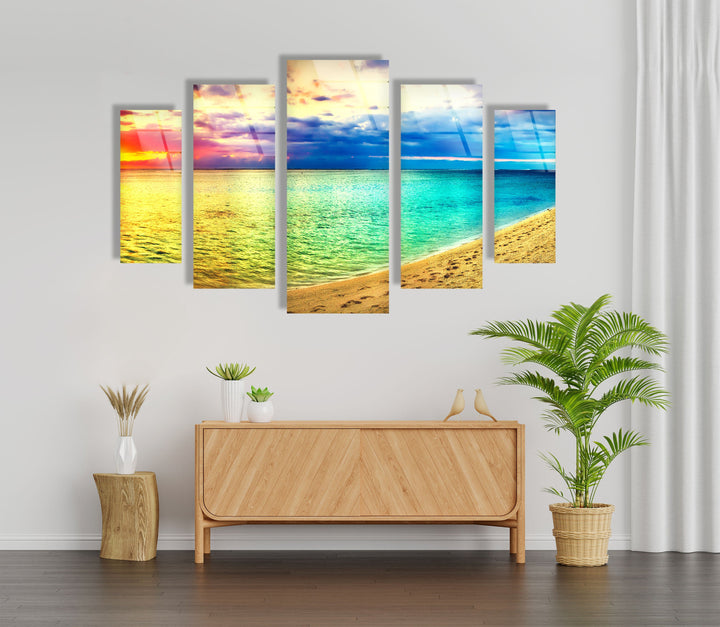 Colorful Sunset, Beach Landscape Glass Wall Art, large glass photo prints, glass wall photos