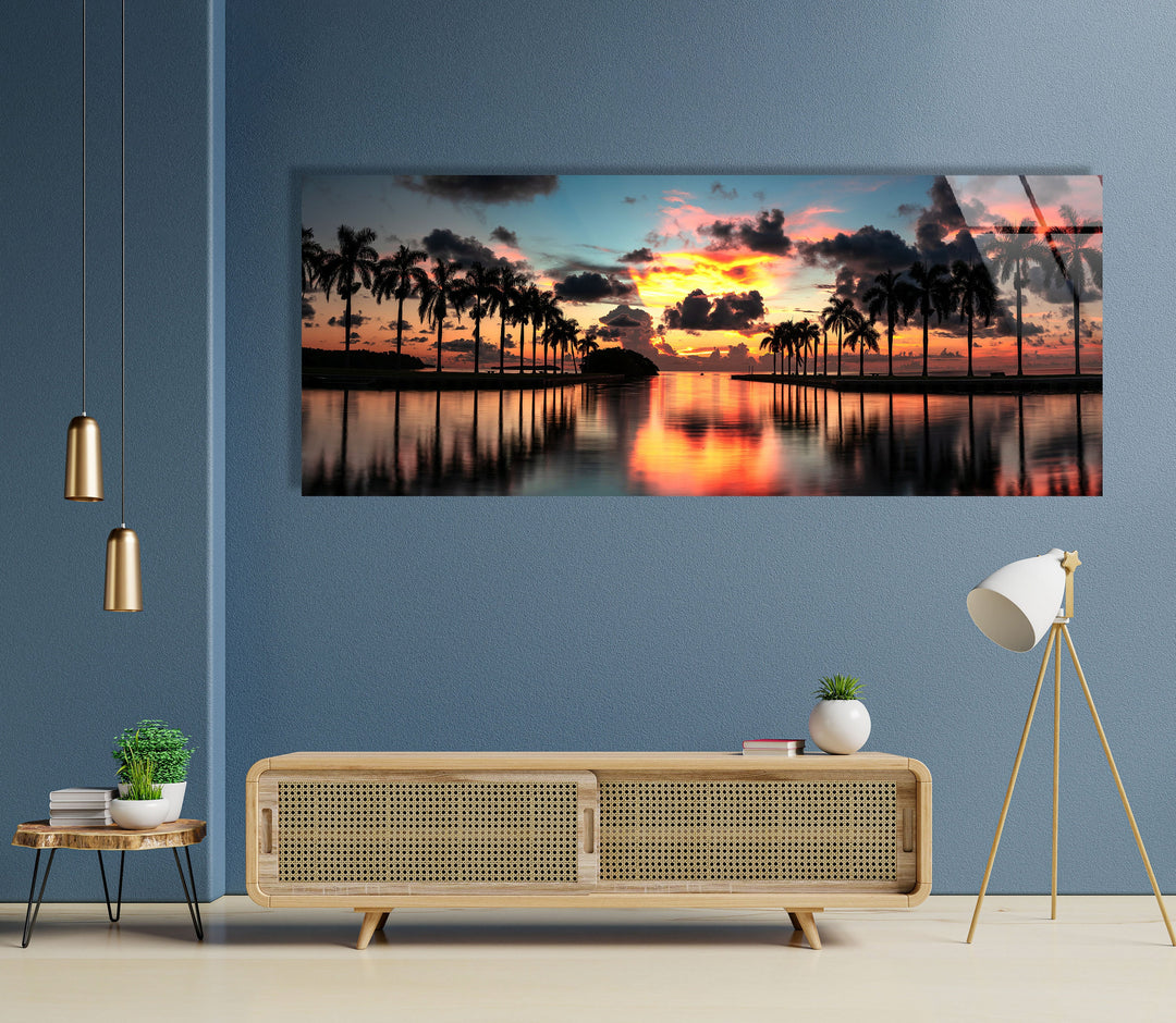 Paradise Beach Sunset, Tropical Palms Glass Wall Art, custom glass photo prints, large glass prints